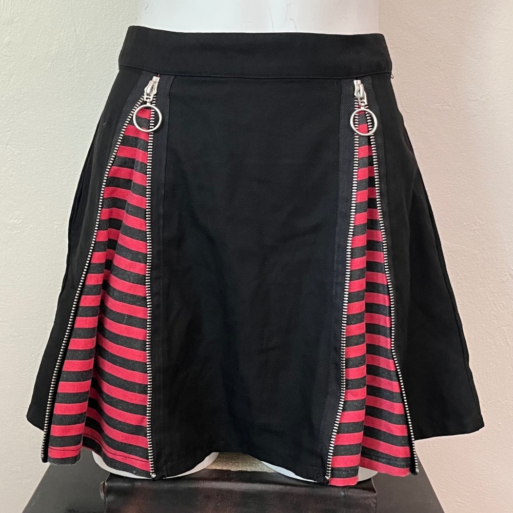 Hot Topic Black Zipper O-Ring Mini Skirt Red Striped Gusset Punk Goth Small